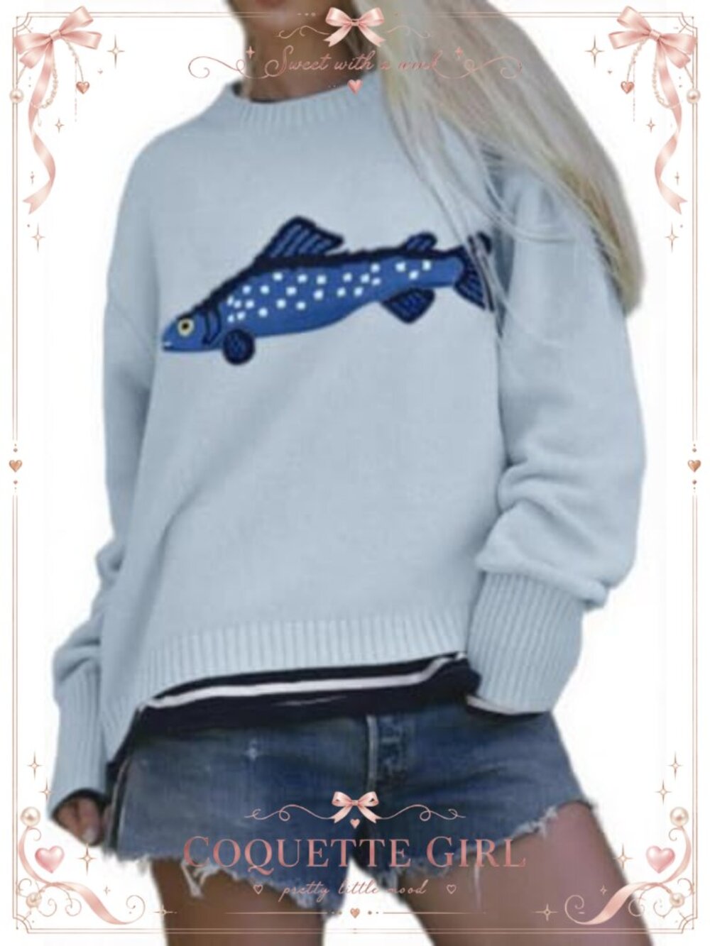 Rib Knit Carp Graphic Oversized Y2k Pullover Sweater Jumper
